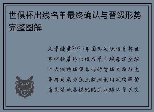 世俱杯出线名单最终确认与晋级形势完整图解
